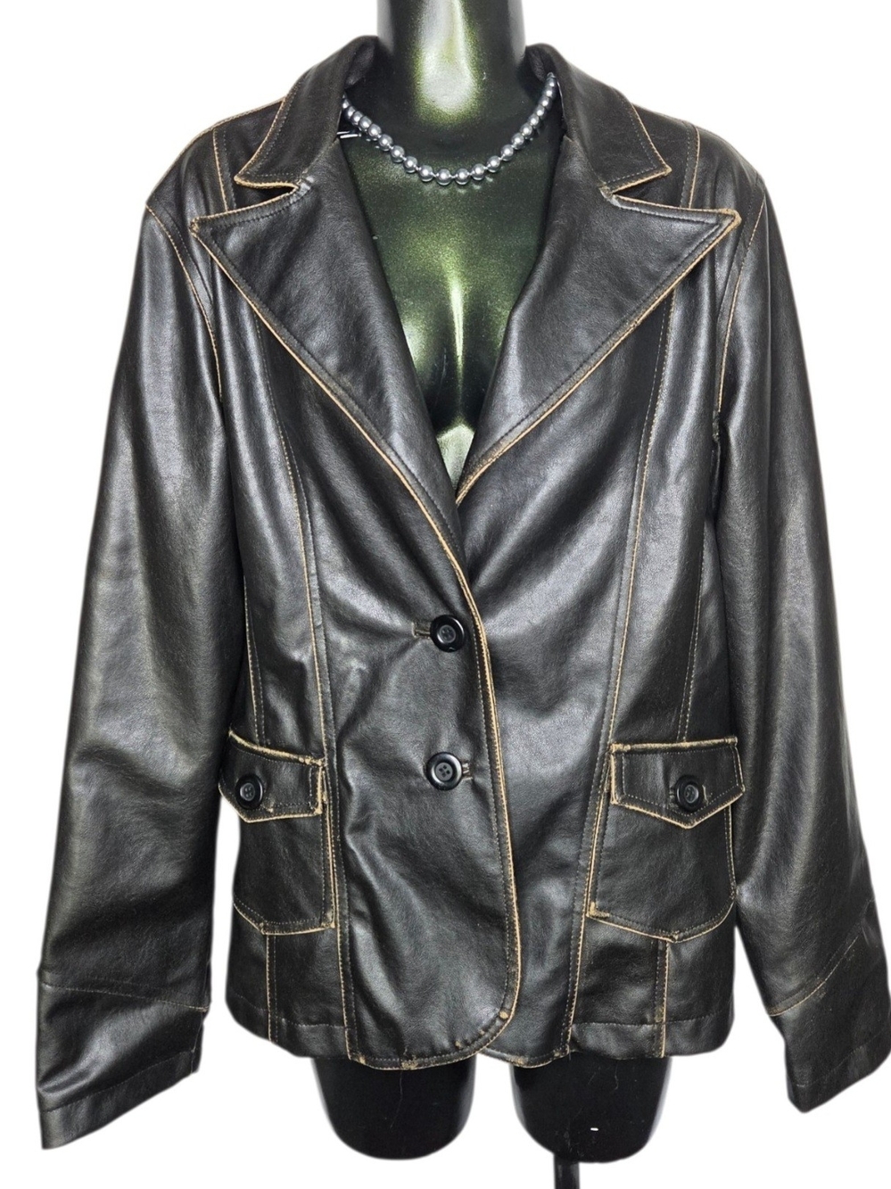 Y2K Vintage Women's Black Faux Leather Jacket Button Front Distressed Size Large